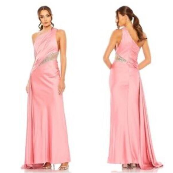 Ieena For Mac Duggal One Shoulder Embellished Satin Gown Pink Women's Size 8 NWT - Picture 2 of 12